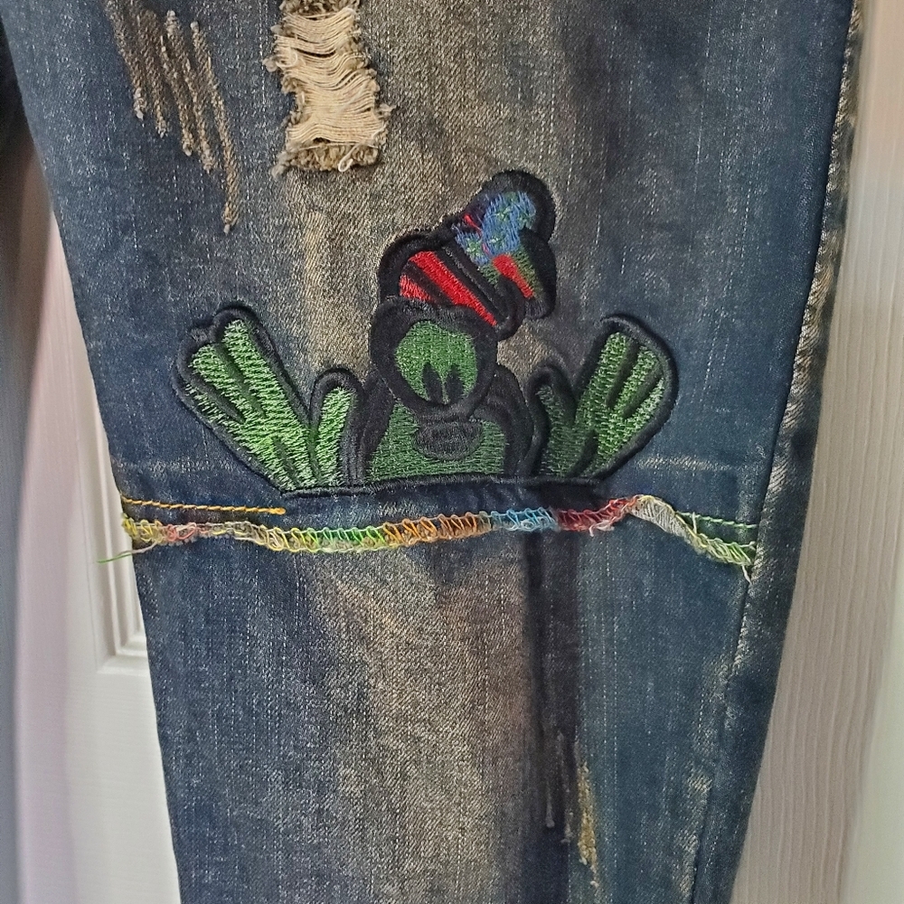 Vintage Fubu Goofy Blue‎ Denim Jeans Baggy Distressed Embroidered Hippie Retro M